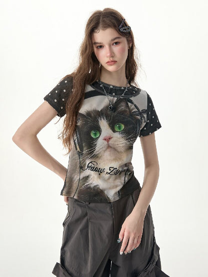 Vintage Polka Dot Cat Print T Shirt【s0000017312】