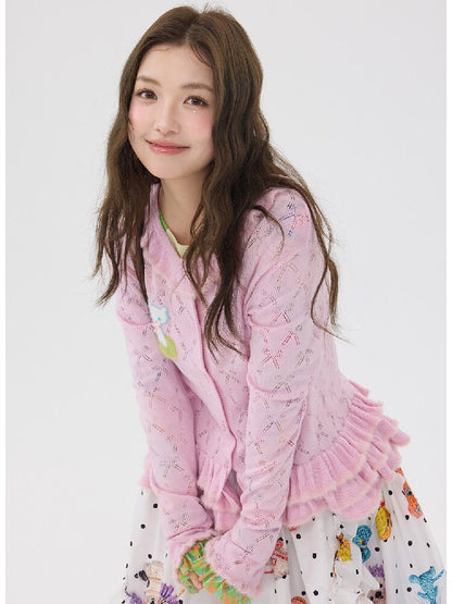 Pink Lace Bow Cut Out Knit Cardigan【s0000016196】
