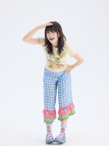 Plaid Patchwork Lace Cropped Pants【s0000017697】