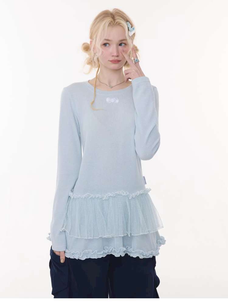 Lace Pleated Polka Dot Top【s0000015429】