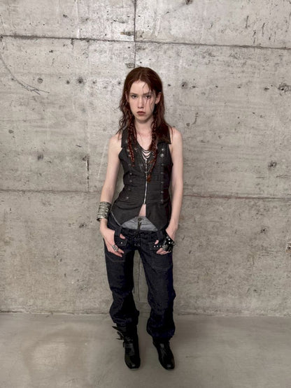 Slim-fit Waist-cinching Zipper Lapel Vest【s0000012707】