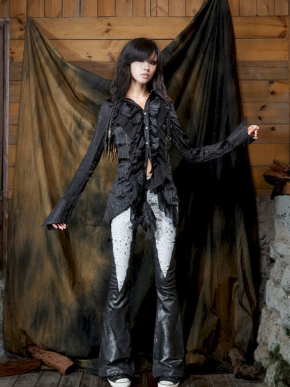 Patchwork Flared Denim Leather Pants【s0000013896】