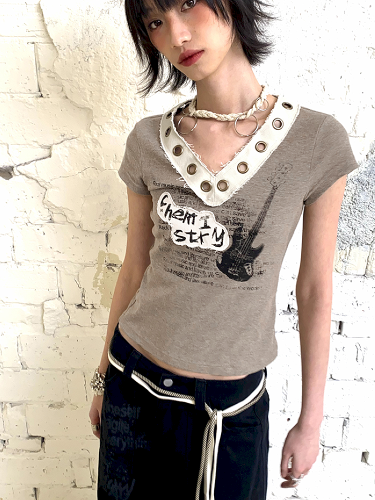 V-Neck Guitar Print Short Sleeve T-Shirt【s0000012424】