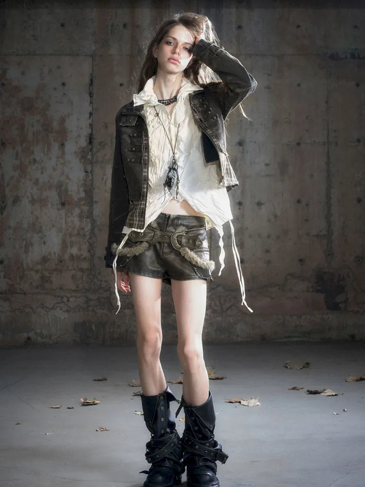 Drawstring Black-Gray Checkered Shir【s0000013959】