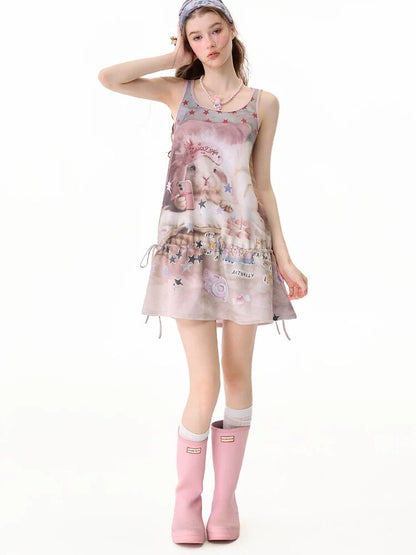 American Cat Print Vintage Vest Dress【s0000017680】