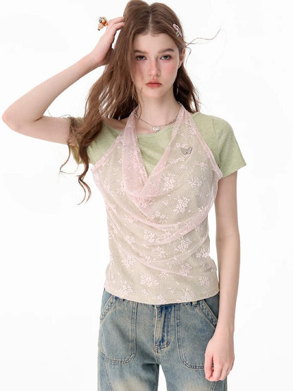 Fake Two-Piece Patchwork Lace Short T【s0000017682】