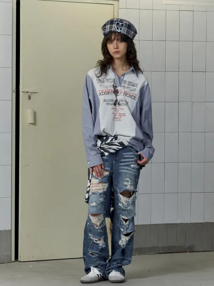 Patchwork Blue Striped Sleeve Shirt【s0000014199】