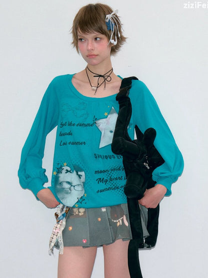 Lantern Sleeve Cat Print T-Shirt【s0000017877】