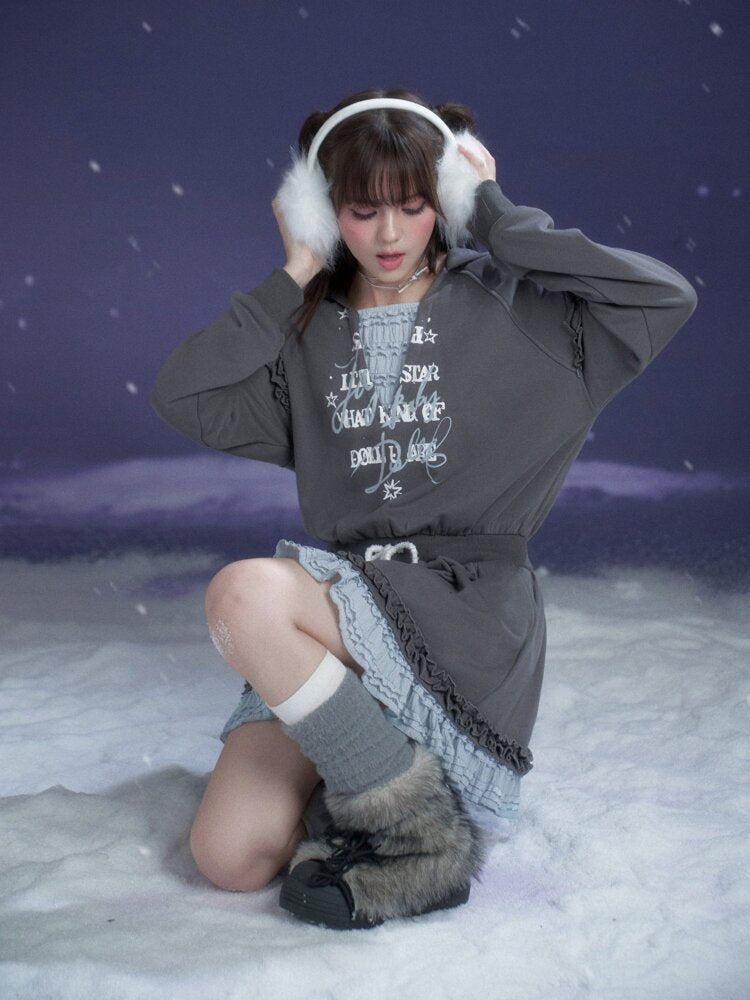 Gray Blue Print Lace Hoodie Dress【s0000015471】