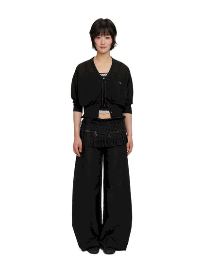 Ribbon large v-neck knitted cardigan【s0000012493】