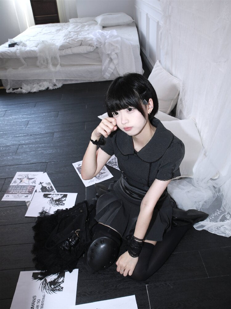 Gray Pleated Midi Skirt Blazer Set【s0000017400】