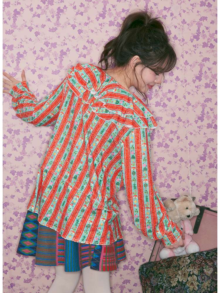 Red Green Stripe Lace Collar Shirt【s0000015368】