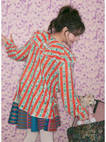 Red Green Stripe Lace Collar Shirt【s0000015368】