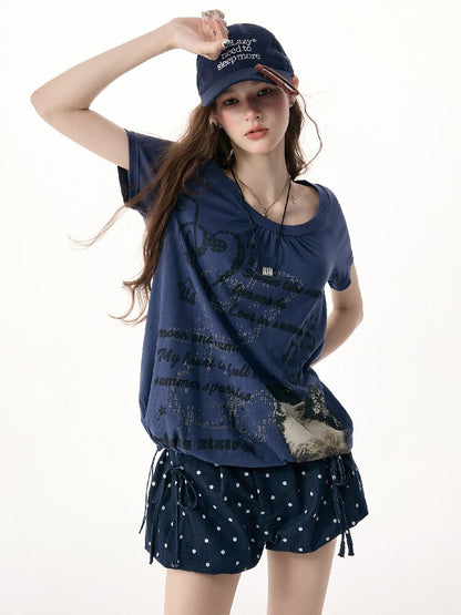 Cat Print Lazy Drawstring T-Shirt【s0000017253】