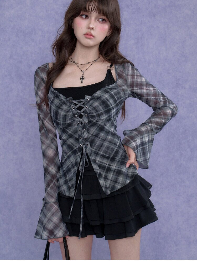 Gray Checkered Tie Wide Neckline Top【s0000017281】