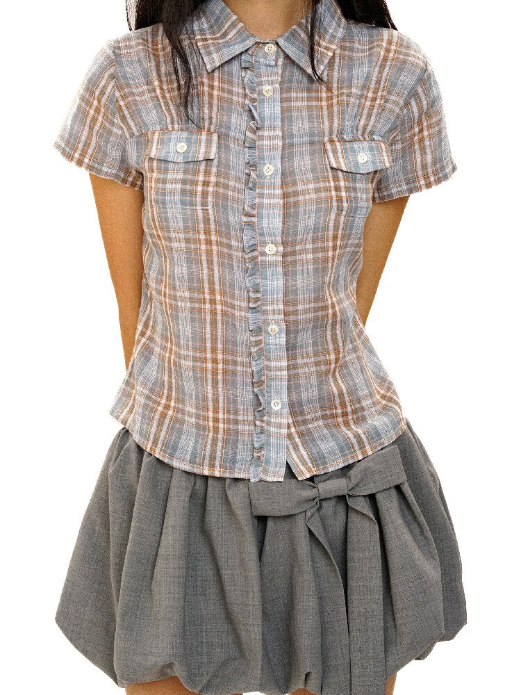 Vintage Plaid Lace Short Sleeve Shirt【s0000017437】