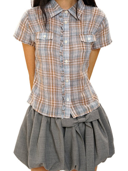 Vintage Plaid Lace Short Sleeve Shirt【s0000017437】