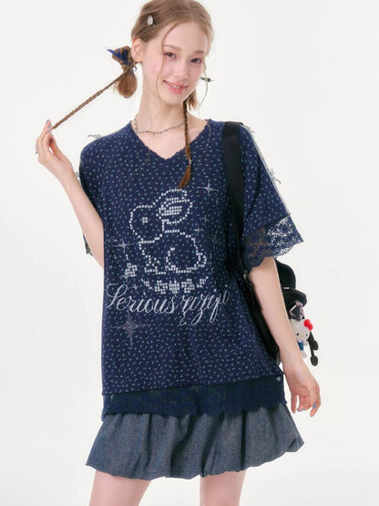 Dark Blue Rabbit Floral Lace T-Shirt【s0000016602】