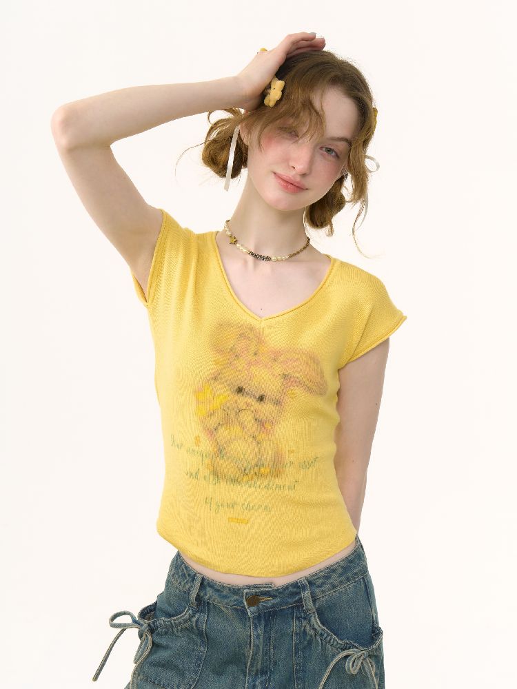 Rabbit Printing V-Neck Short Sleeve T-shirt【s0000012236】