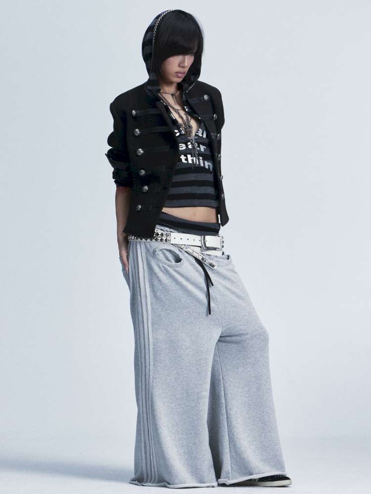 Black Gray Striped Stud Top Set【s0000014667】