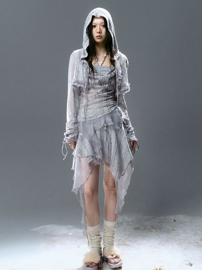 Ruffle Misty Blue Hooded Tunic【s0000012642】