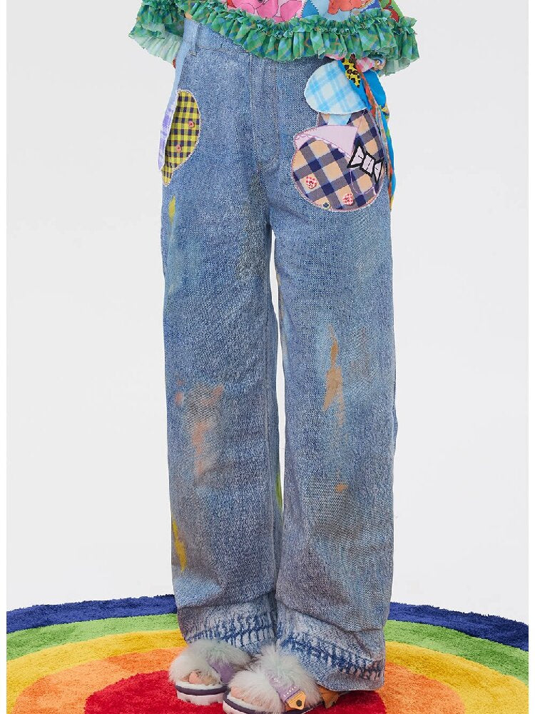 Hand Painted Patchwork Cotton Jeans【s0000016189】