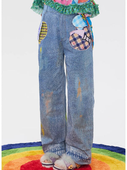Hand Painted Patchwork Cotton Jeans【s0000016189】