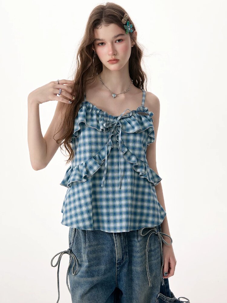 Ruffled Plaid Slimming Camisole【s0000017315】