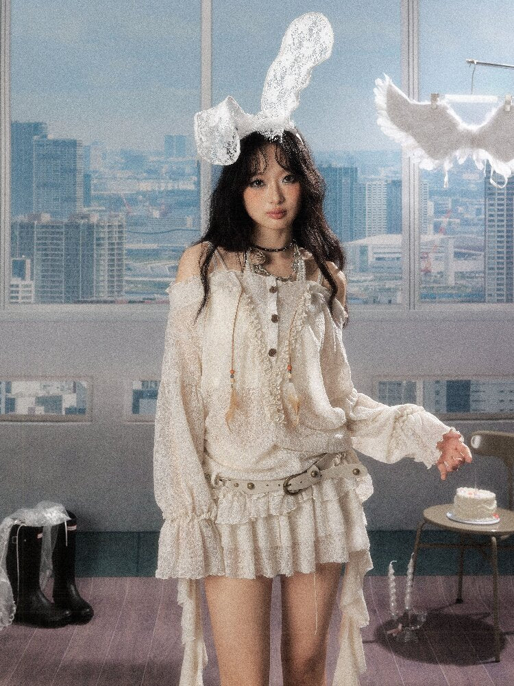 Lace See-Through One-Shoulder Top【s0000016274】