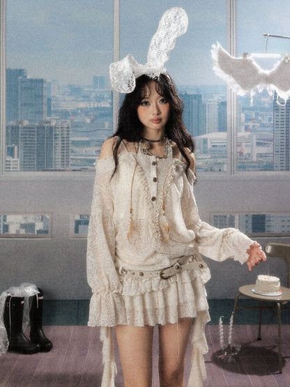 Lace See-Through One-Shoulder Top【s0000016274】
