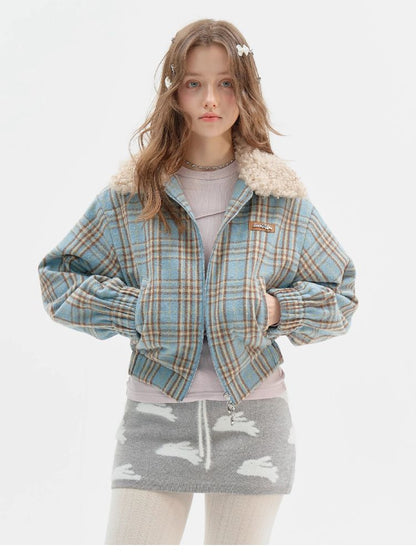 모피 칼라 슬림 블루 격자 무늬 짧은 코트 [S0000011507]