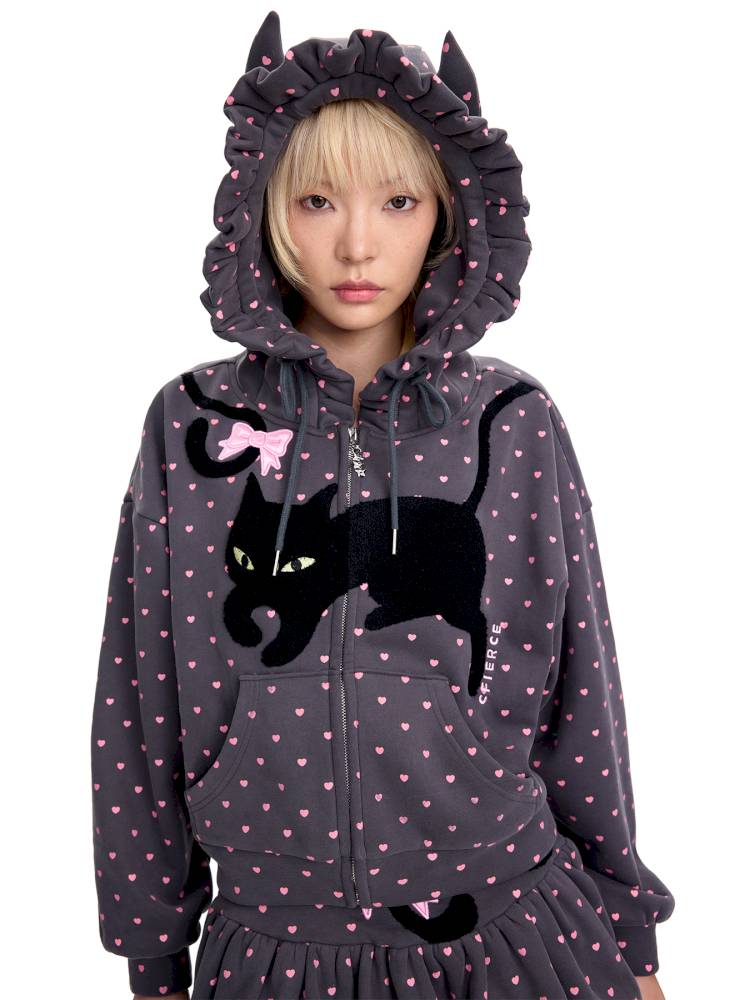 Black Cat Embroidered Cat Ear Hoodie Jacket【s0000014422】