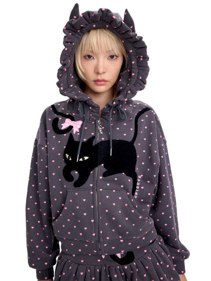 Black Cat Embroidered Cat Ear Hoodie Jacket【s0000014422】