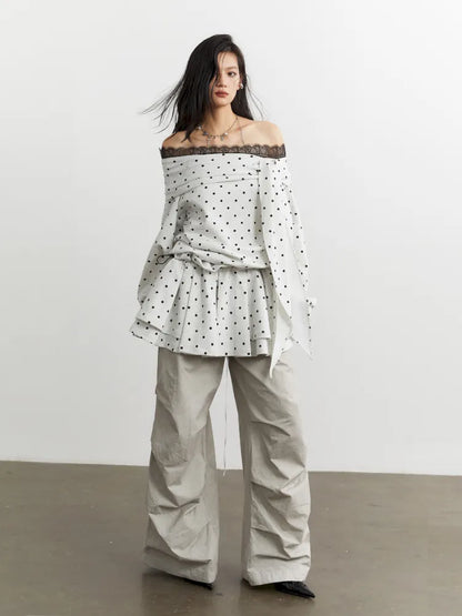 Lace-up off-the-shoulder polka dot sweatshirt【s0000014040】