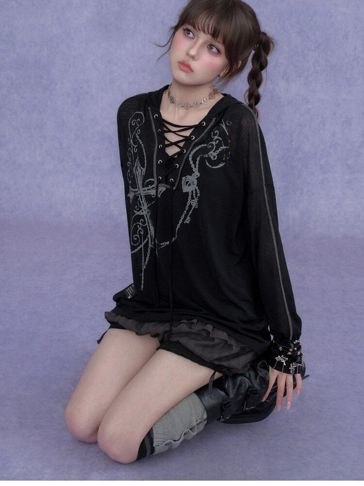 Dark Cross Print Strap Cardigan Hood【s0000017284】