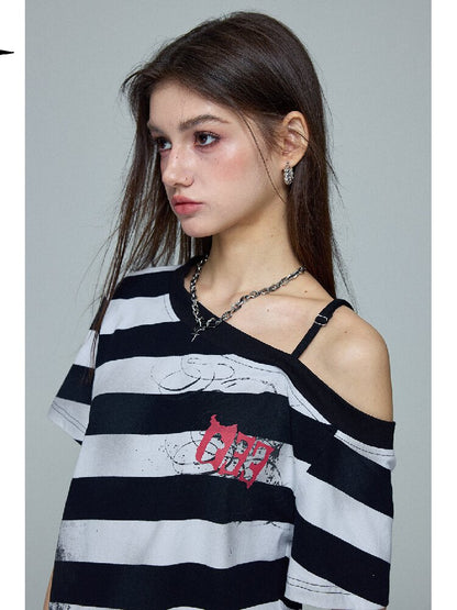Striped Graffiti Print Loose Top【s0000016696】