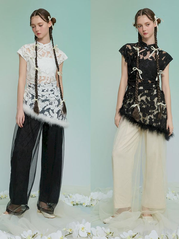 Jacquard mesh double wide-leg pants【s0000013595】