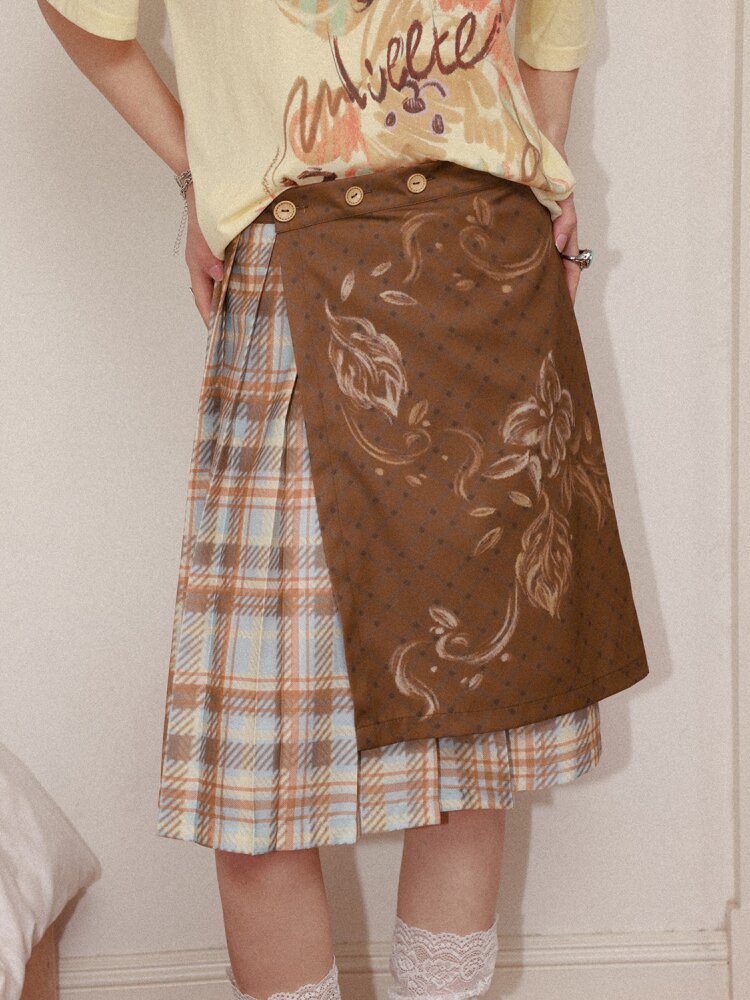 Plaid Flower Pleated Spliced Skirt【s0000015465】
