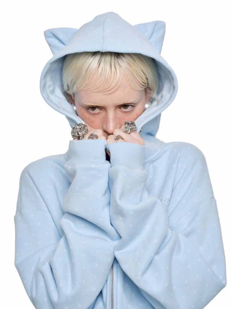 Cat's Paw Long Short Polka Dot Hooded Cardigan Sweatshirt Sweatpants Set【s0000011566】