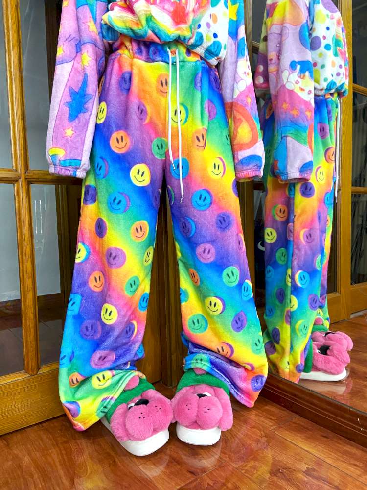 Y2K Niche Color Smiley Face Fleece Slacks【s0000014635】