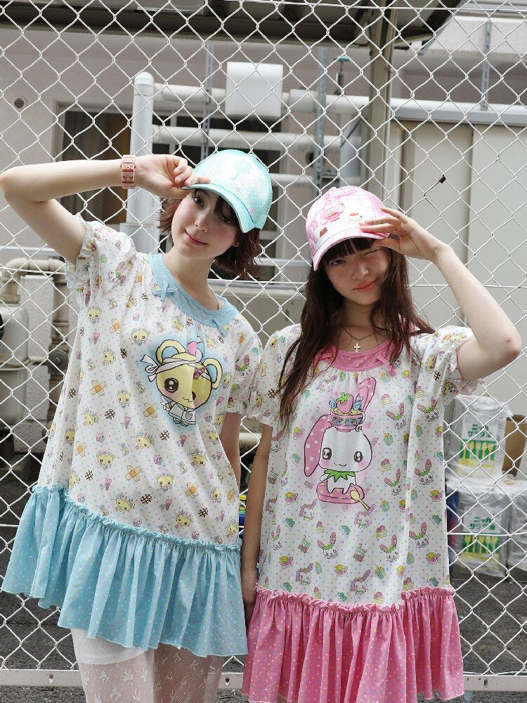 Printed Bear Bunny Fake Two Piece Dress【s0000017764】