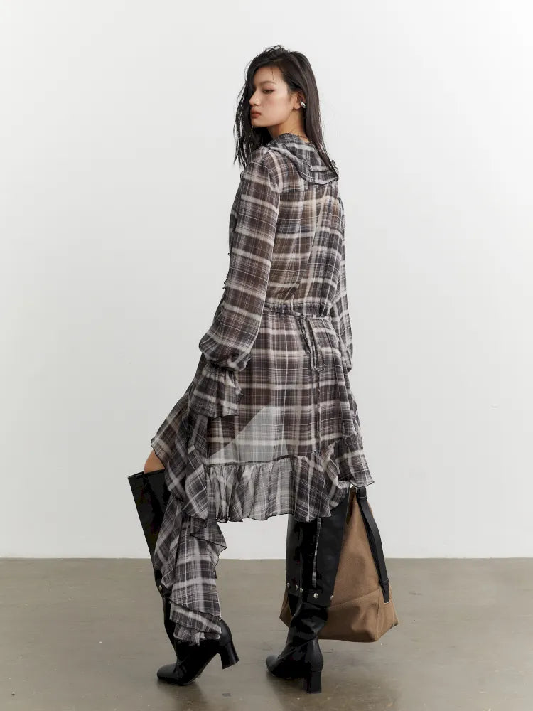 Ruffle asymmetrical chiffon plaid shirt dress【s0000014034】