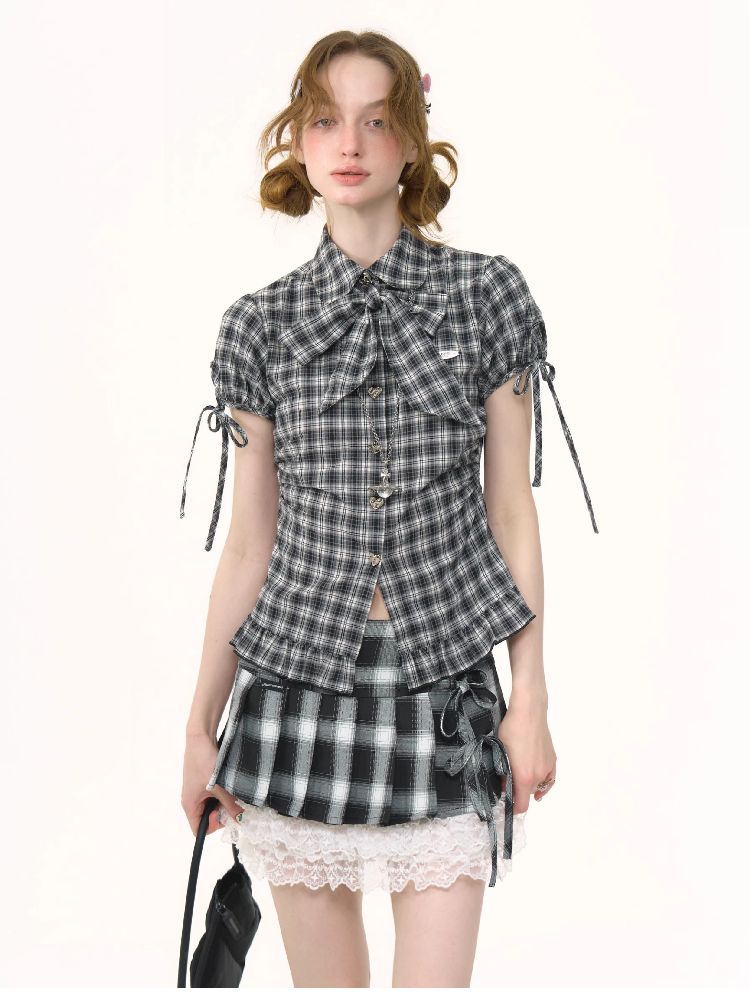 Doll Collar Bow Plaid Short Sleeve Shirt【s0000012264】