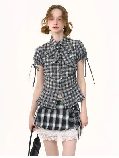 Doll Collar Bow Plaid Short Sleeve Shirt【s0000012264】