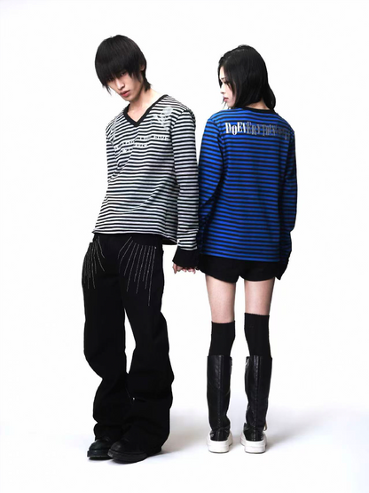 Striped V Neck Skull Long Sleeve【s0000018203】