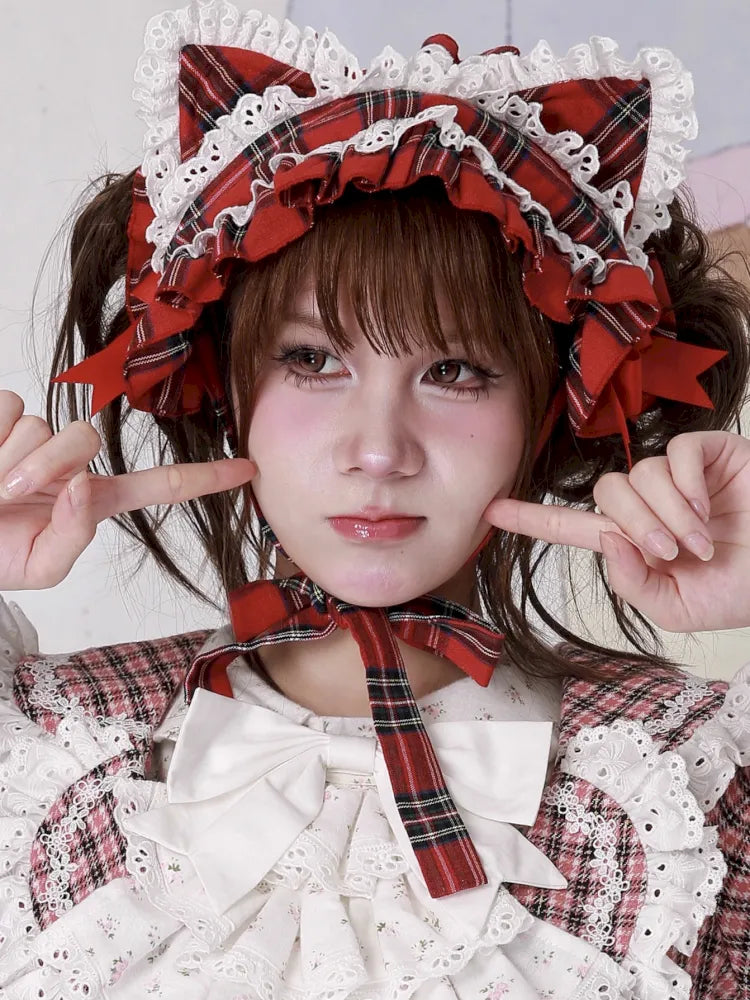 Red Plaid Cute Cat Ear Headband【s0000014106】