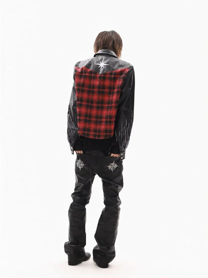 Embroidery Slogan Plaid Leather Jacket【s0000018353】