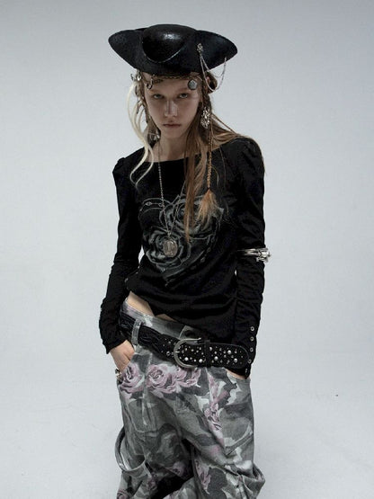 Bubble Sleeve Square Neck Printed Long Sleeve Tee【s0000011840】