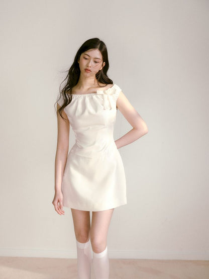 Satin Elastic One Shoulder Bowknot Waisted Dress【s0000013237】