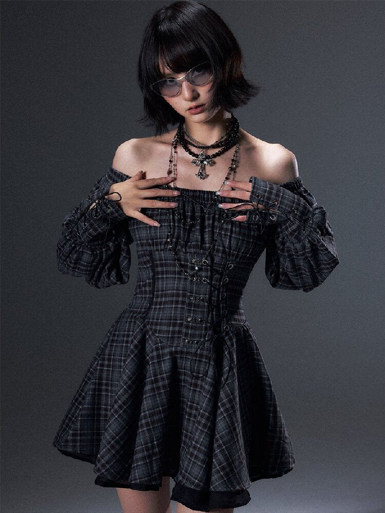 Vintage Plaid Off-Shoulder Dress【s0000018002】